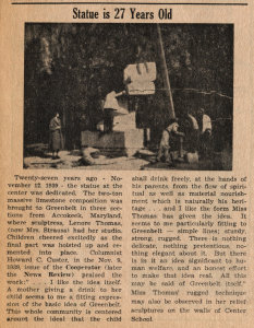 Scan of the original newsprint from 1966.  The figure of Lenore Thomas, Mother and Child sculptress, emerges from the background (left)