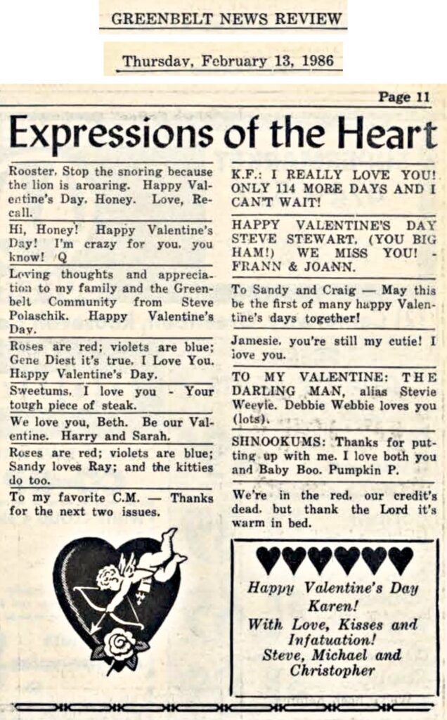 Against a light beige background, below the header Expressions of the Heart, two columns of classified-ad-style loving messages. At the bottom, a graphic of a heart, a cupid and a rose, plus a large boxed message with a row of hearts.