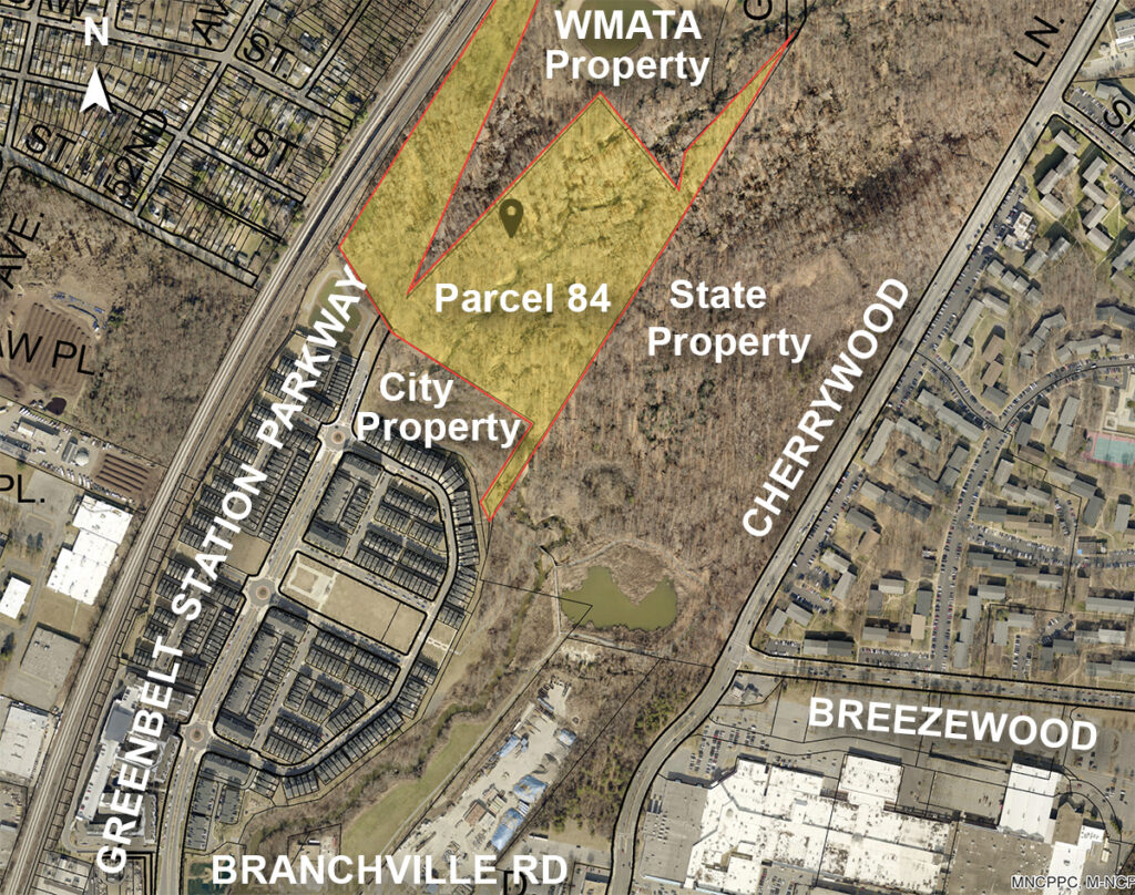 Parcel 84, an irregular patch of land with pointy extrusions, is highlighted in yellow and red on a map of the area.