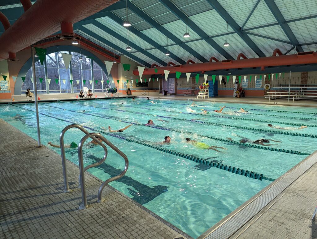 Swimmers lap-swimming in the swimming pool below a peaked blue roof.