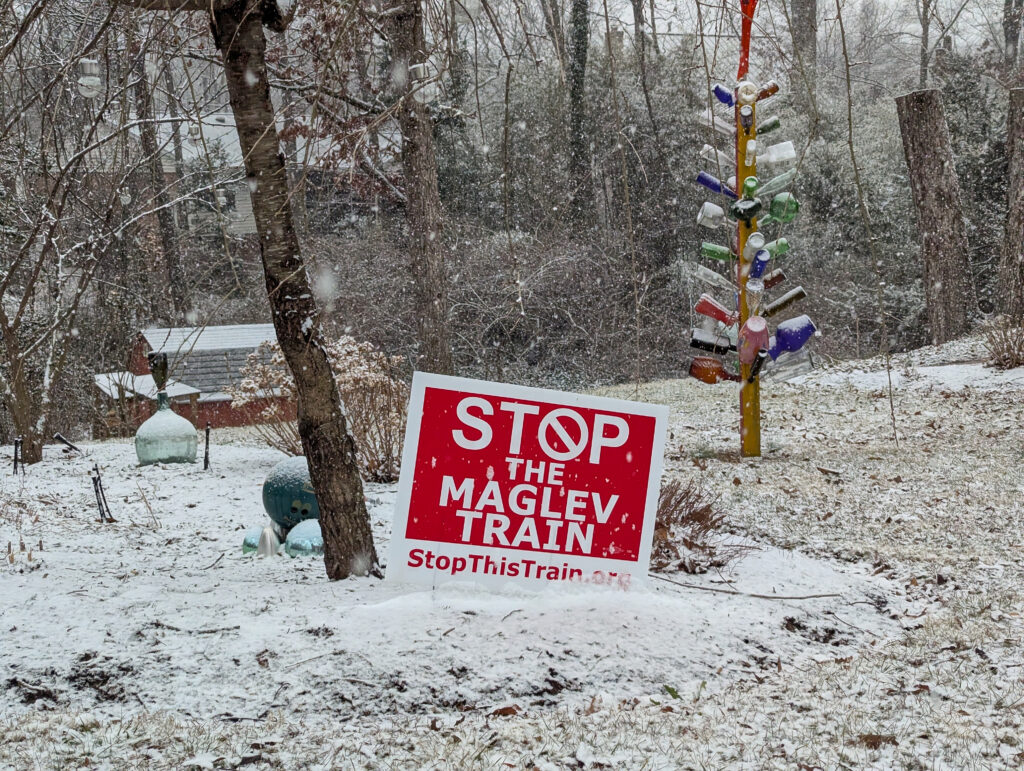 A red and white yard sign reading STOP THE MAGLEV TRAIN, StopThisTrain.org, in a snowy yard.